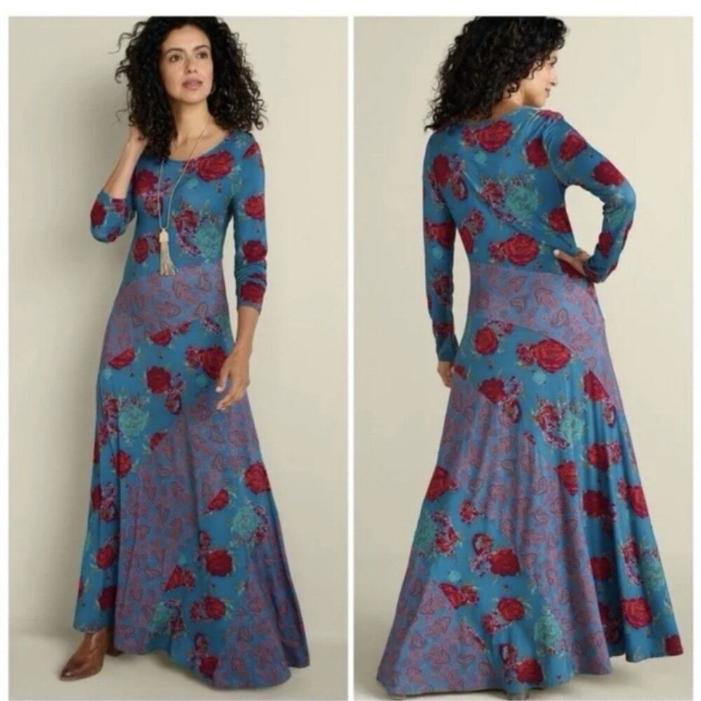Soft Surroundings Ismerelda Floral Maxi Dress Blue Pink Jersey Long Sleeve M NEW - Picture 2 of 10